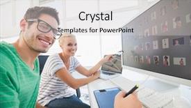  Presentation with photograph - Beautiful presentation theme featuring digital agency - cheerful photo editors working backdrop and a light gray colored foreground