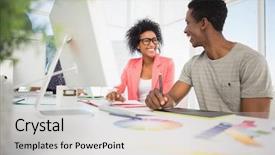  Presentation with female office graphics - Colorful PPT layouts enhanced with digital agency - happy casual photo editors using backdrop and a light gray colored foreground