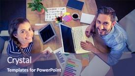  Presentation with office workers - Amazing presentation design having digital agency - happy creative workers sharing desk backdrop and a ocean colored foreground