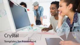  Presentation with female office graphics - Beautiful presentation featuring digital agency - side view of casual photo backdrop and a soft green colored foreground