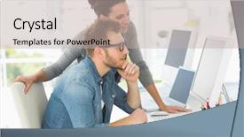  Presentation with large team - Beautiful presentation theme featuring digital agency - team of designers looking backdrop and a mint green colored foreground