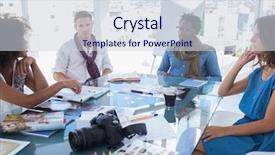  Presentation with large team - Colorful PPT layouts enhanced with digital agency - team of photo editors brainstorming backdrop and a sky blue colored foreground