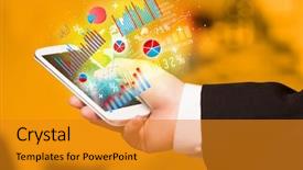  Presentation with smartphone - Presentation design with digital analytics - business man holding smartphone background and a  colored foreground