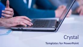  Presentation with business partner people joining hand - Audience pleasing presentation design consisting of digital audience - business people hands typing backdrop and a sky blue colored foreground