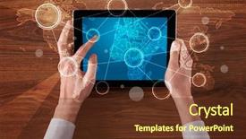  Presentation with hands holding black tablet - Cool new presentation theme with worldmap - caucasian business hands holding tablet backdrop and a tawny brown colored foreground