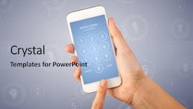  Presentation with biometric device finger print - Theme with unlocking innovation - female fingers touching smartphone background and a light blue colored foreground