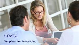  Presentation with contract - Audience pleasing PPT layouts consisting of digital banking - businesswoman meeting with couple backdrop and a sky blue colored foreground