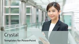  Presentation with digital banking - Colorful slide set enhanced with digital banking - businesswoman use of tablet pc backdrop and a  colored foreground