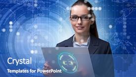  Presentation with tablet - Cool new presentation with digital banking - businesswoman with tablet in business backdrop and a teal colored foreground