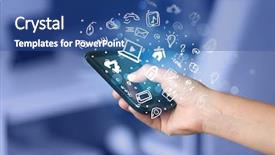  Presentation with smartphone - Colorful slides enhanced with digital business world - hand holding smartphone with media backdrop and a ocean colored foreground