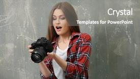  Presentation with grungy white concrete wall - Slides featuring digital camera - beautiful young photographer near grunge background and a gray colored foreground