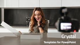  Presentation with new home - Colorful slides enhanced with digital camera - joyful young girl recording video backdrop and a gray colored foreground