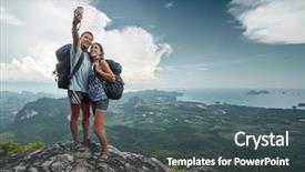  Presentation with climbing to top of mountain - Slides enhanced with digital camera - two hikers taking selfie background and a dark gray colored foreground