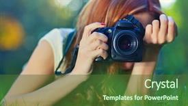  Presentation with soft colors - Colorful slide deck enhanced with digital camera - young woman photographer portrait soft backdrop and a tawny brown colored foreground