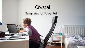  Presentation with laptop - Presentation theme having digital children - boy using laptop in bedroom background and a light gray colored foreground