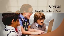  Presentation with room - Beautiful slide set featuring digital children - pupils using laptop against room backdrop and a coral colored foreground