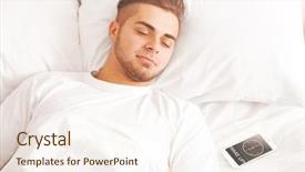  Presentation with bed - Presentation theme consisting of digital clock - young man snoozing on bed background and a  colored foreground