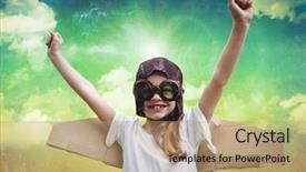  Presentation with pilot - PPT theme with digital composite image of smiling girl pretending to be a pilot against cloudy sky background background and a coral colored foreground