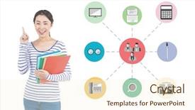  Presentation with digital books - Cool new PPT theme with digital composite image of woman holding stack of books with various applications against white background backdrop and a cream colored foreground