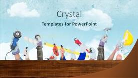  Presentation with wood tools - Cool new slides with digital composite of a lot of hands with different tools with wood and sky background backdrop and a sky blue colored foreground