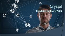  Presentation with closed - Slides having digital composite of at sign app icons connected and businessman with eyes closed and dark background background and a ocean colored foreground