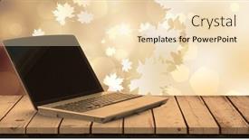  Presentation with autumn wood - Slides consisting of digital composite of autumn leaves and laptop on wood surface background and a lemonade colored foreground