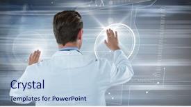  Presentation with lab coat - Slides enhanced with digital composite of back of man in lab coat with flares on hands against motion blur background and a lemonade colored foreground