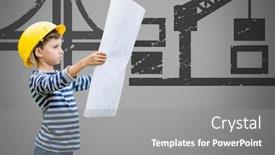  Presentation with composite construction - Cool new PPT theme with digital composite of boy against grey background with building plans blueprint and construction illustrations backdrop and a gray colored foreground