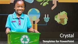  Presentation with recycling - Presentation theme consisting of digital composite of boy holding recycling box in front of blackboard with recylcing graphics background and a tawny brown colored foreground