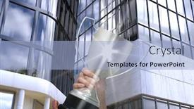  Presentation with trophy - PPT theme featuring digital composite of business hand with trophy with flare in front of business building background and a light blue colored foreground