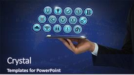  Presentation with composite - Audience pleasing theme consisting of digital composite of business icons backdrop and a navy blue colored foreground