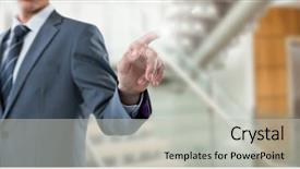  Presentation with flare - Colorful theme enhanced with digital composite of business man mid section with flare against blurry stairs backdrop and a light gray colored foreground