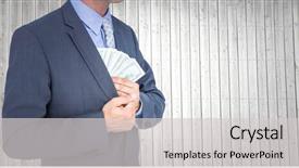  Presentation with wood panel - Amazing presentation theme having digital composite of business man mid section putting money away against grey wood panel backdrop and a light gray colored foreground
