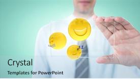  Presentation with aqua - Colorful PPT theme enhanced with digital composite of business man mid section with glass device and emojis with flares against aqua background backdrop and a light blue colored foreground