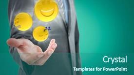  Presentation with teal - Beautiful theme featuring digital composite of business man mid section with hand out and emojis with flares against teal background backdrop and a ocean colored foreground