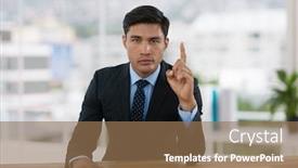  Presentation with business office desk - Slides having digital composite of business man pointing up while sits at his desk in office background and a coral colored foreground