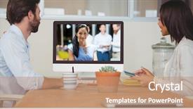  Presentation with video conference - Presentation consisting of digital composite of business people background and a coral colored foreground