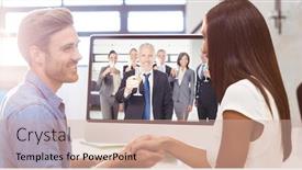  Presentation with video conference - Amazing slide set having digital composite of business people shaking hands while having video conference with colleagues holding champagne glasses backdrop and a soft green colored foreground