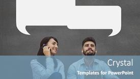  Presentation with digital - Cool new presentation design with digital composite of business people with speech bubbles sitting against grey background backdrop and a teal colored foreground