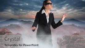  Presentation with blindfolded - Cool new theme with digital composite of business woman blindfolded walking on misty mountain peak backdrop and a light gray colored foreground