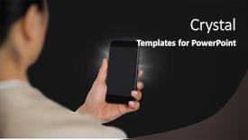  Presentation with dark grey - Cool new theme with digital composite of business woman over shoulder with phone and flare against dark grey background backdrop and a black colored foreground
