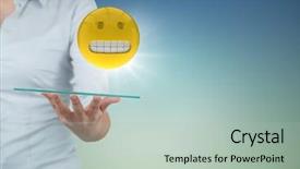  Presentation with flare - Presentation theme featuring digital composite of business woman mid section with tablet and emoji and flare against blue green background background and a mint green colored foreground