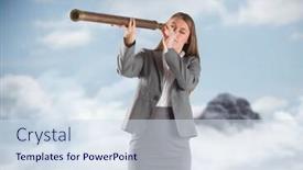  Presentation with telescope - Cool new slides with digital composite of business woman with telescope against mountain peak in the clouds backdrop and a sky blue colored foreground