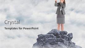  Presentation with telescope - Beautiful theme featuring digital composite of business woman with telescope on mountain peak in the clouds backdrop and a light gray colored foreground