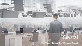  Presentation with digital - Colorful slide deck enhanced with digital composite of businessman standing in inverted office with skyline backdrop and a gray colored foreground