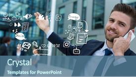  Presentation with digital transformation mobile first - Cool new presentation theme with digital composite of businessman using mobile phone by icons representing multi tasking backdrop and a ocean colored foreground