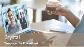  Presentation with video conferencing - Presentation design with digital composite of businessman video conferencing with colleague in office background and a coral colored foreground