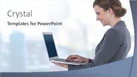  Presentation with public - Cool new PPT layouts with digital composite of businesswoman holding laptop in bright blue motion public space backdrop and a white colored foreground