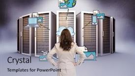  Presentation with base - Theme having digital composite of businesswoman standing looking at graphic against data base background background and a light gray colored foreground