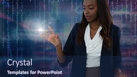  Presentation with glow - Audience pleasing slides consisting of digital composite of businesswoman touching air light glow backdrop and a navy blue colored foreground